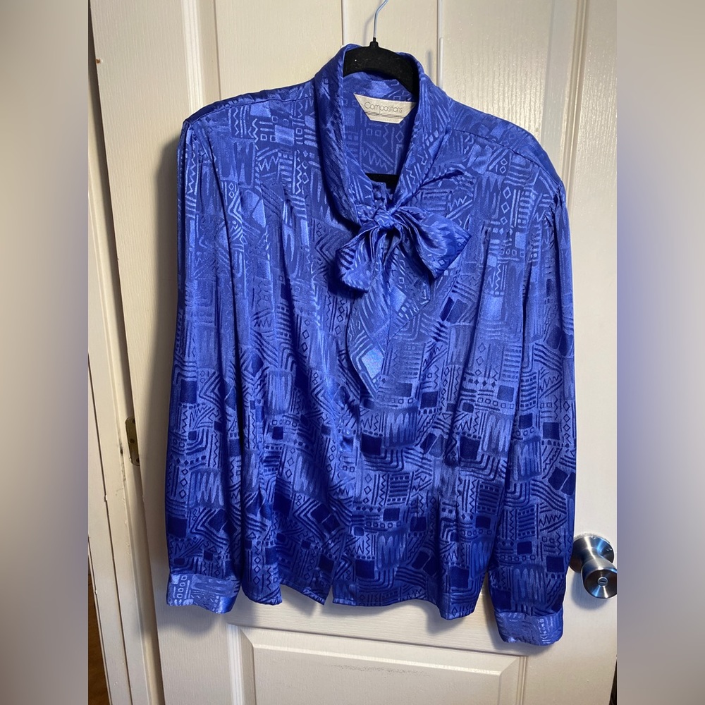 Blue 1980s vintage neck bow blouse PLUS SIZE